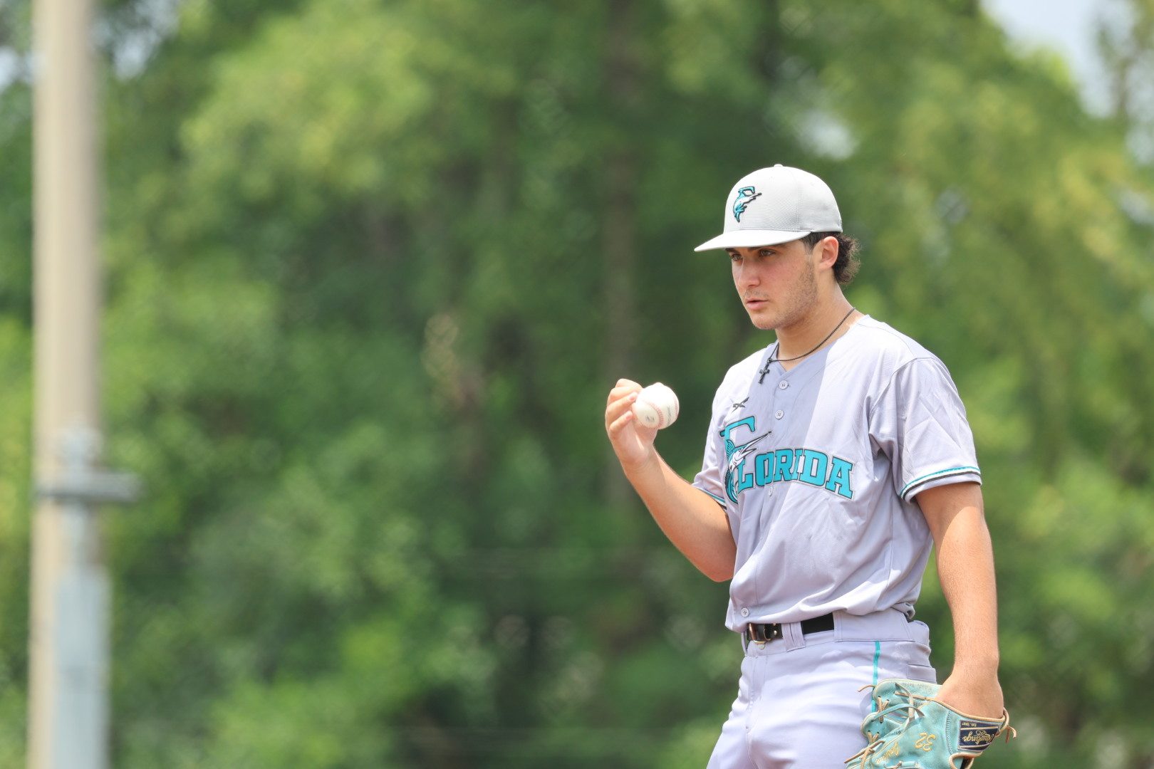 Pitcher holding the ball, looking in
